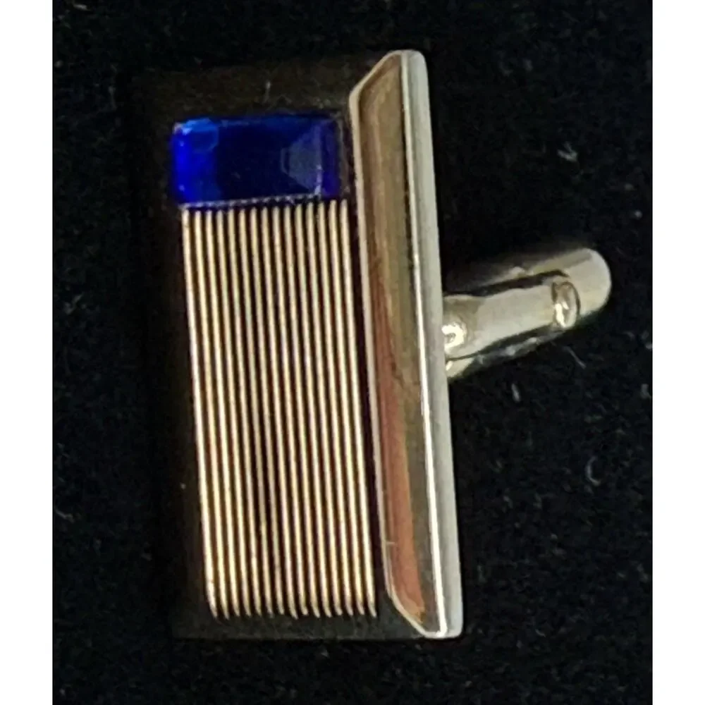 Art Deco Style Cufflinks Marked Anson Rectangle Gold Tone W/ Cobalt Blue 1960's